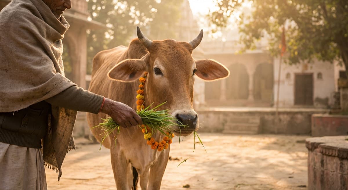 Devotee lovingly feeding fresh green grass to a sacred cow