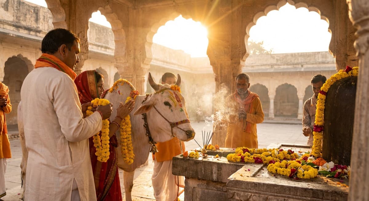Morning puja ceremony with devotees offering marigold flowers to a decorated cow