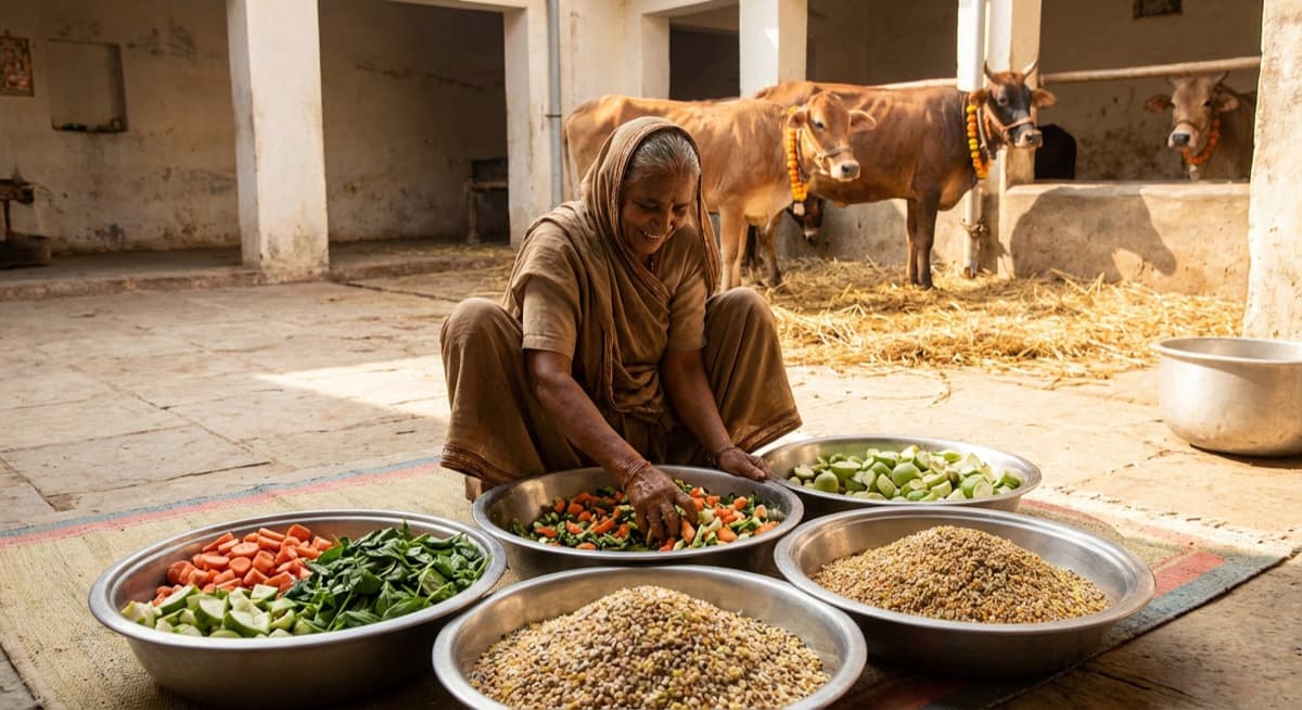 Devotee preparing a nutritious meal for sacred cows with vegetables and grains