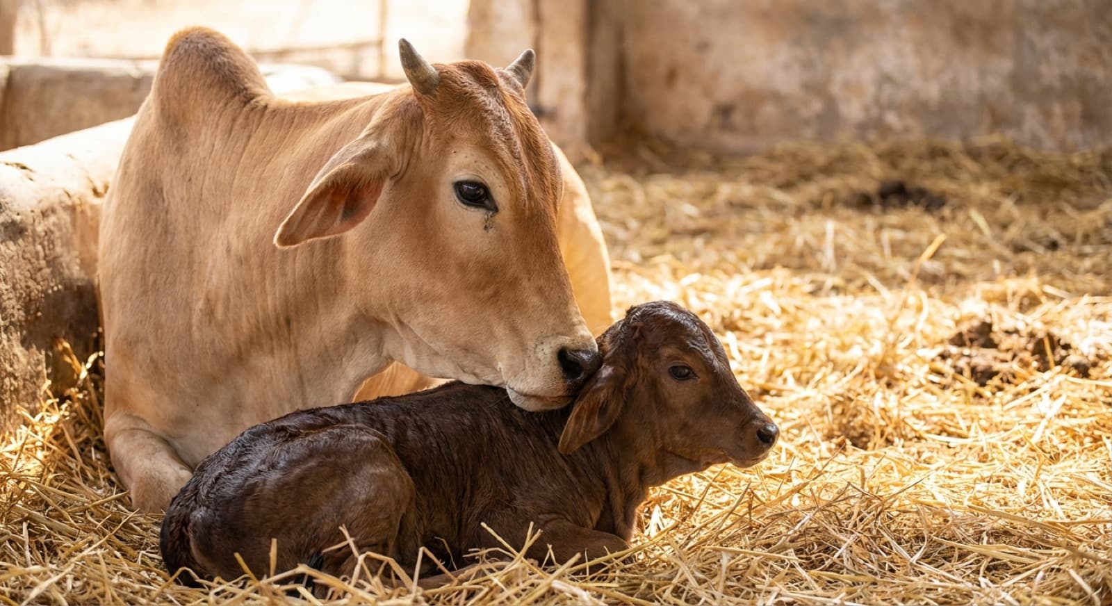 Caretaker gently grooming and brushing a cow
