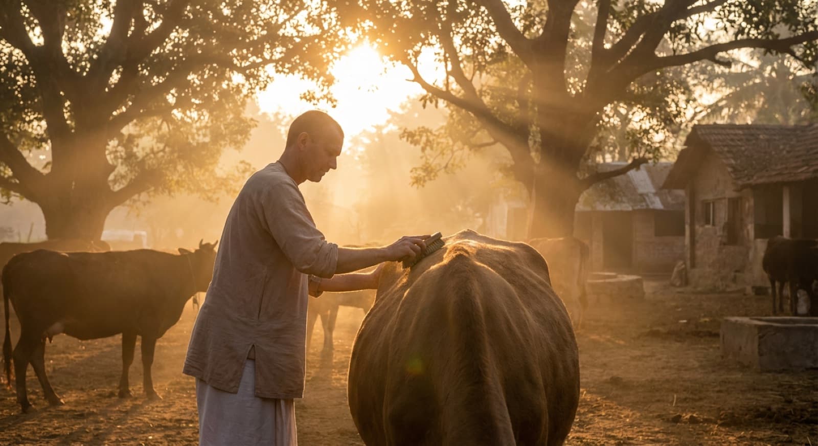Caretaker tending to a cow in the warm morning light