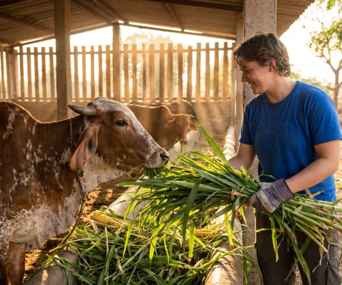Caretaker gently grooming and brushing a cow, showing a tender moment of bonding and affection