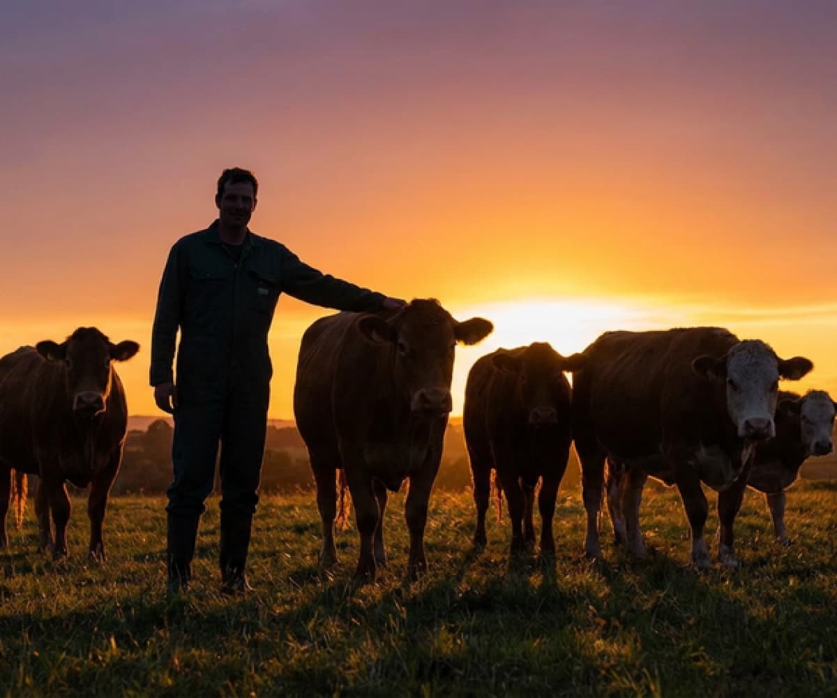 Cowherd walking with the herd at sunset