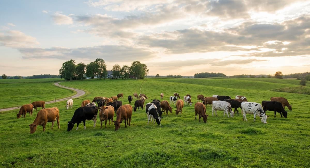 A peaceful herd of cows grazing together in a lush green pasture