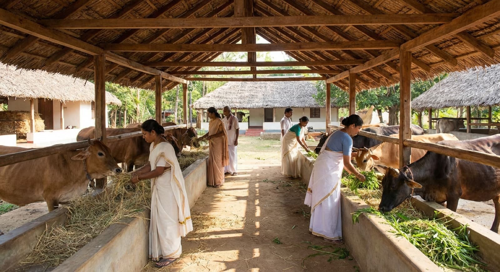 Caretakers feeding cows in a shaded shelter