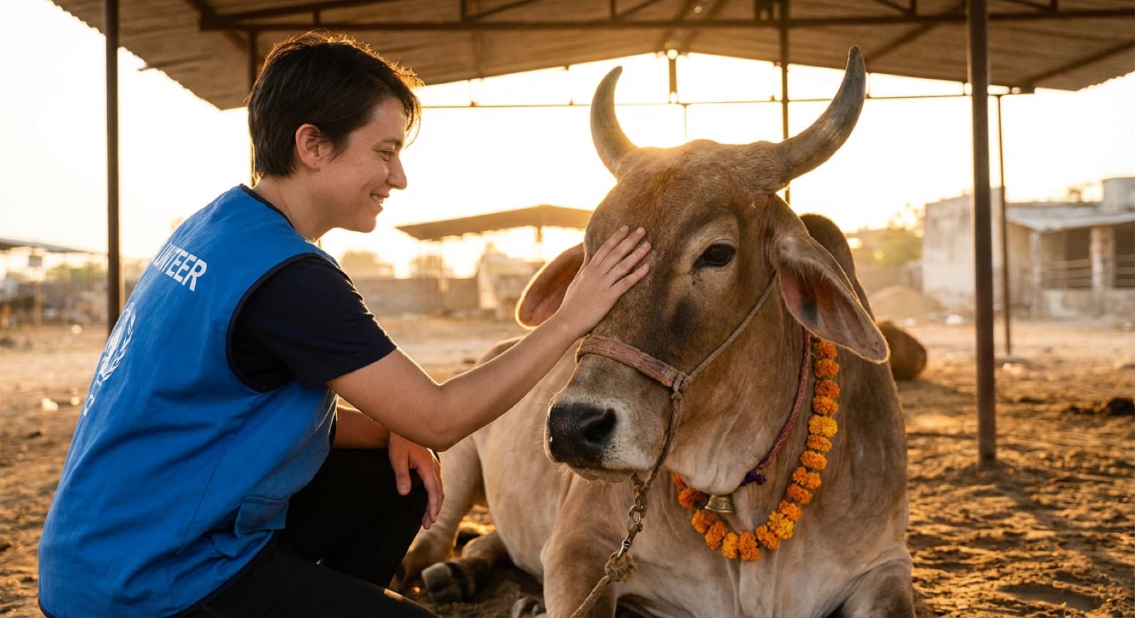 Volunteer lovingly petting a garlanded cow