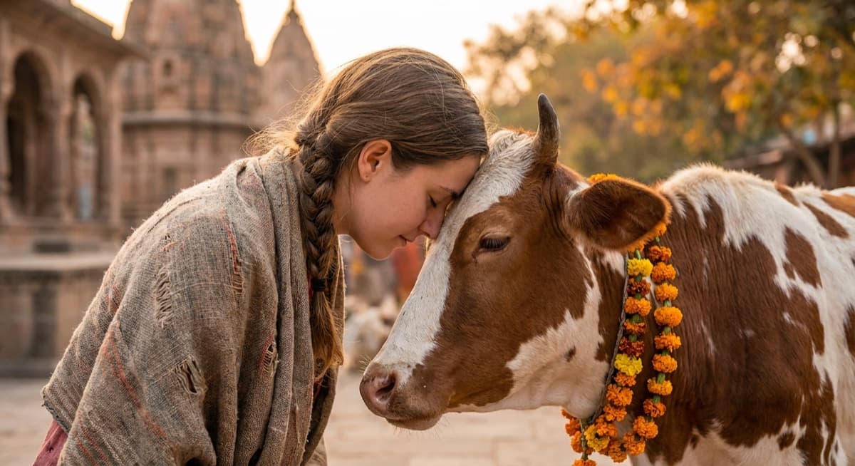 Young devotee touching foreheads with a sacred cow in a moment of quiet connection