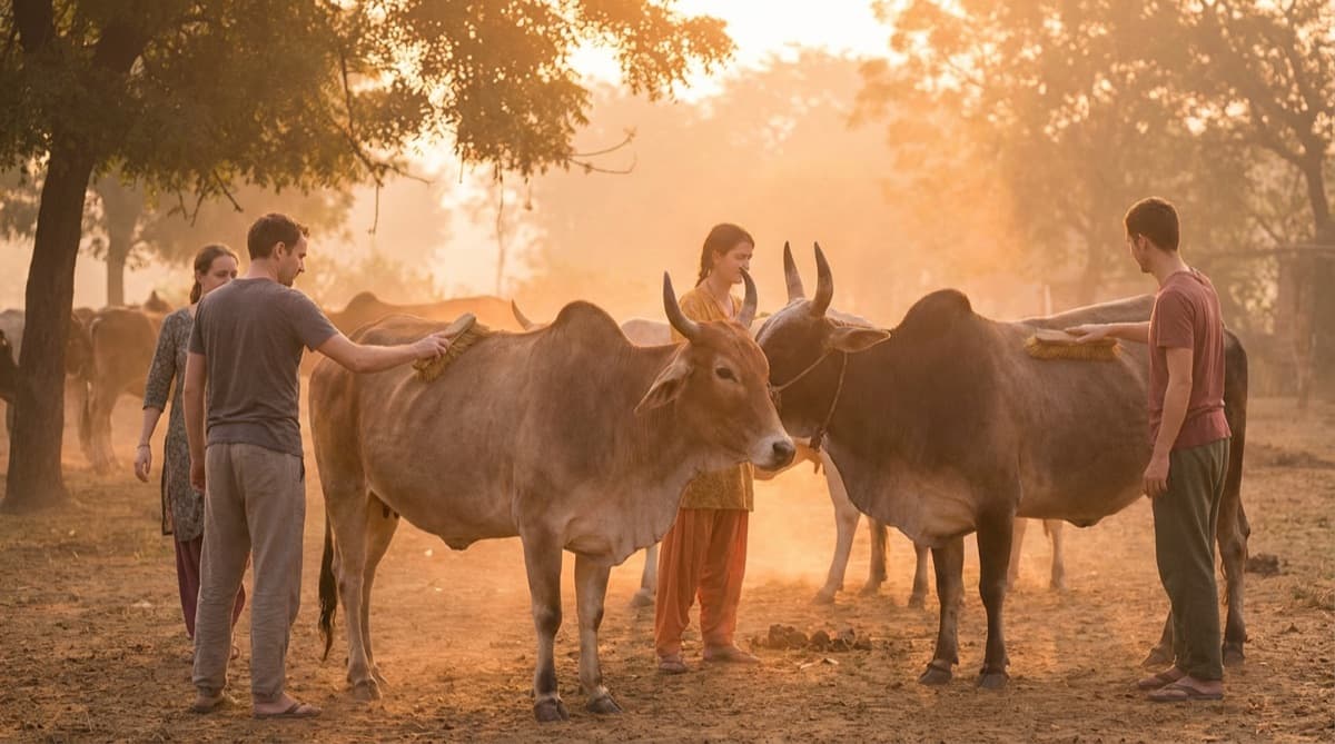 Devotees tending to sacred cows at the ashram