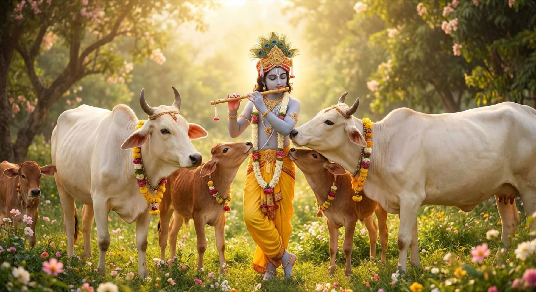 Lord Krishna playing the flute surrounded by cows