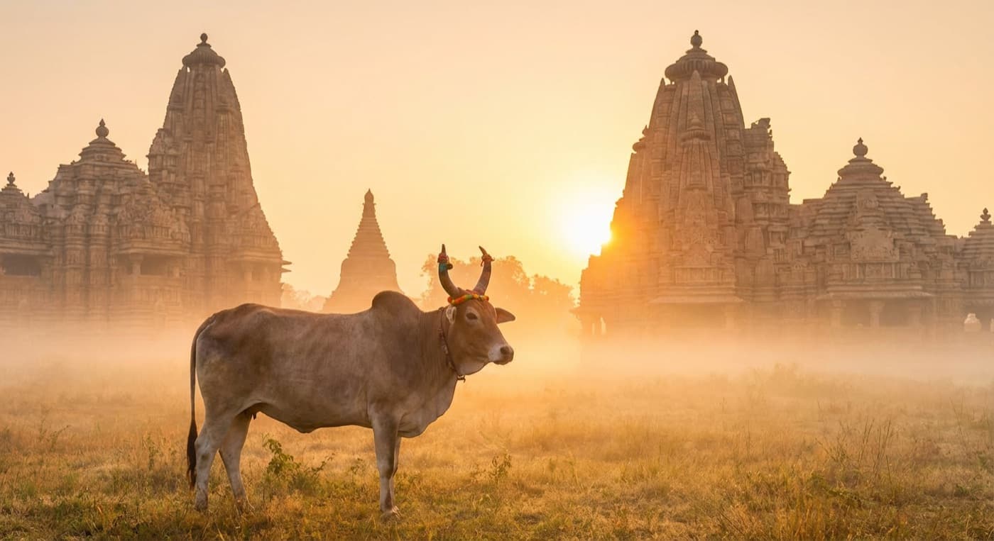 Cow in front of ancient temples at sunrise