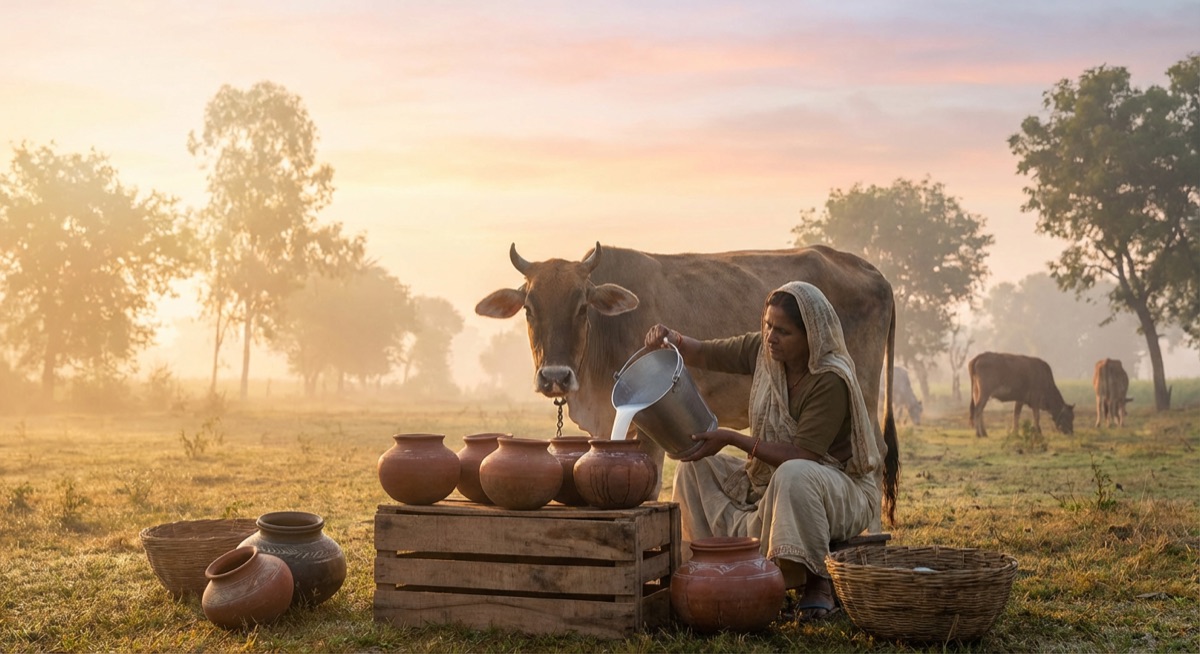 Fresh cow milk being collected in traditional earthen pots at dawn